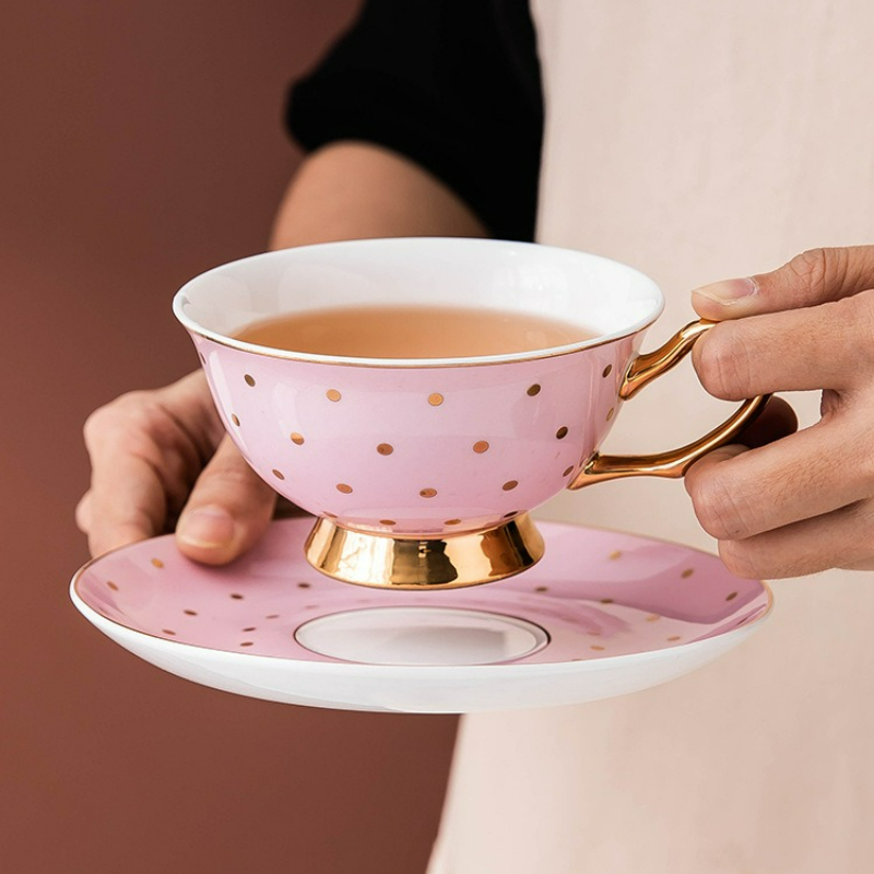 Coffee Tea Games - Ceramic Pink Coffee Mugs with Dish